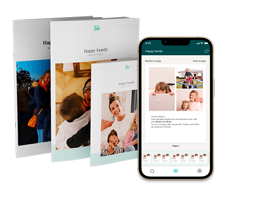 La app de Tribu en el smartphone – elegir fotos y diseñar la revista familiar